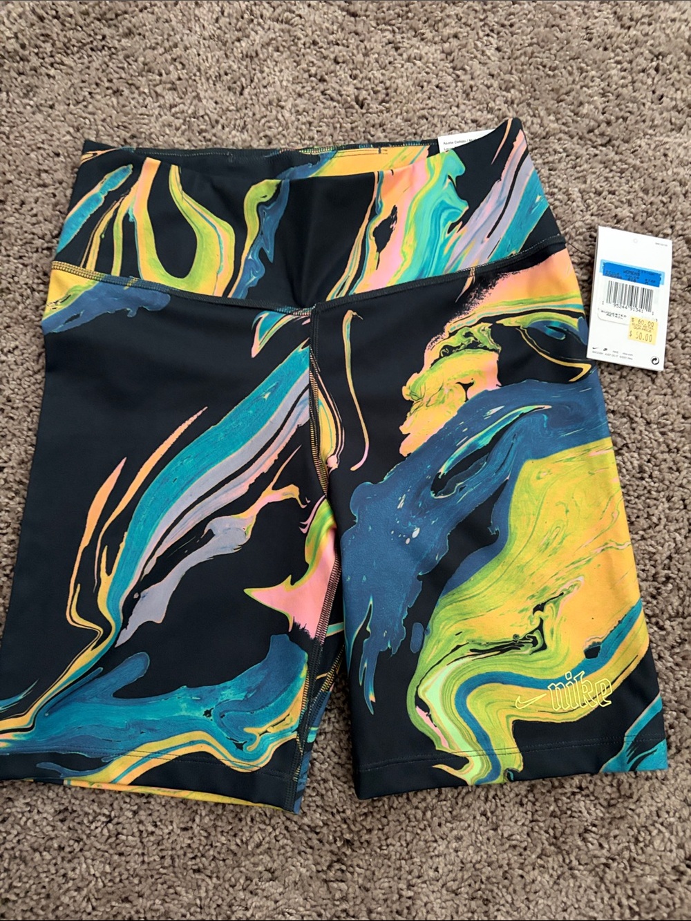 Nike Black High-Waist Bike Shorts with Neon Swirl Print